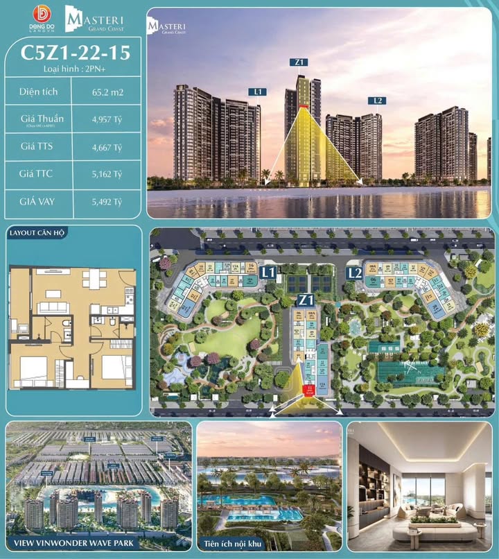 Căn hộ 2PN+ Góc View Hồ Masteri Grand Coast, Quận 1 - 65.2m²