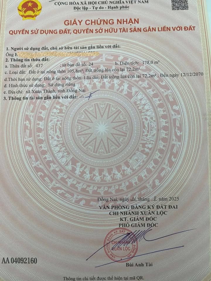 Đất nền Xuân Thành, Đồng Nai 178m² - Sổ đỏ chính chủ, giá 830 triệu