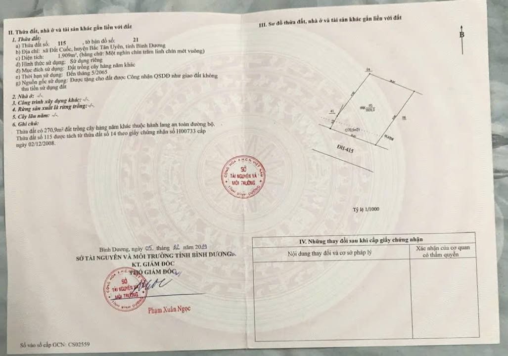 Bán Đất Mặt Tiền DH 415, Bắc Tân Uyên 1910m² Giá 4.7 Tỷ