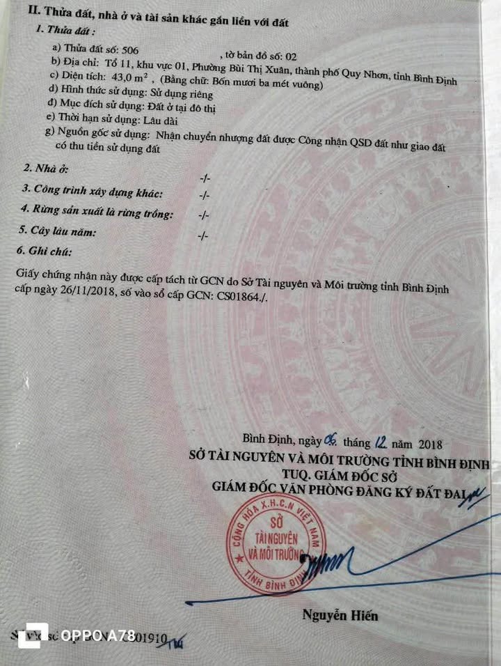 Bán Đất Hẻm Oto 43m² Hướng Tây Nam - Quy Nhơn Giá 890 Triệu