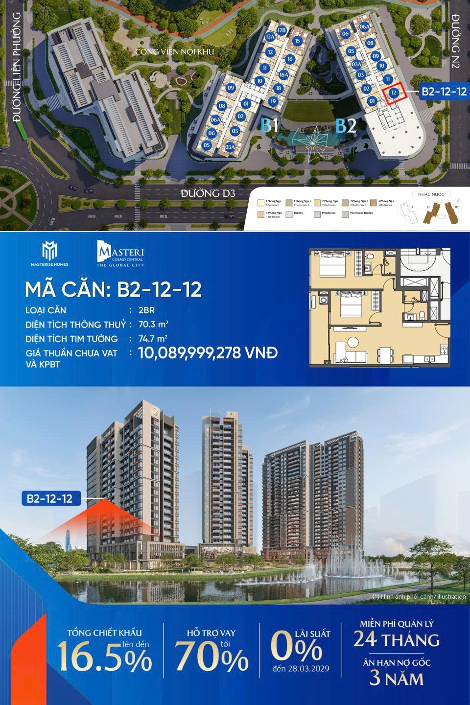 Căn hộ Masteri Cosmo Central The Global City 74.7m² - 11 tỷ View đẹp
