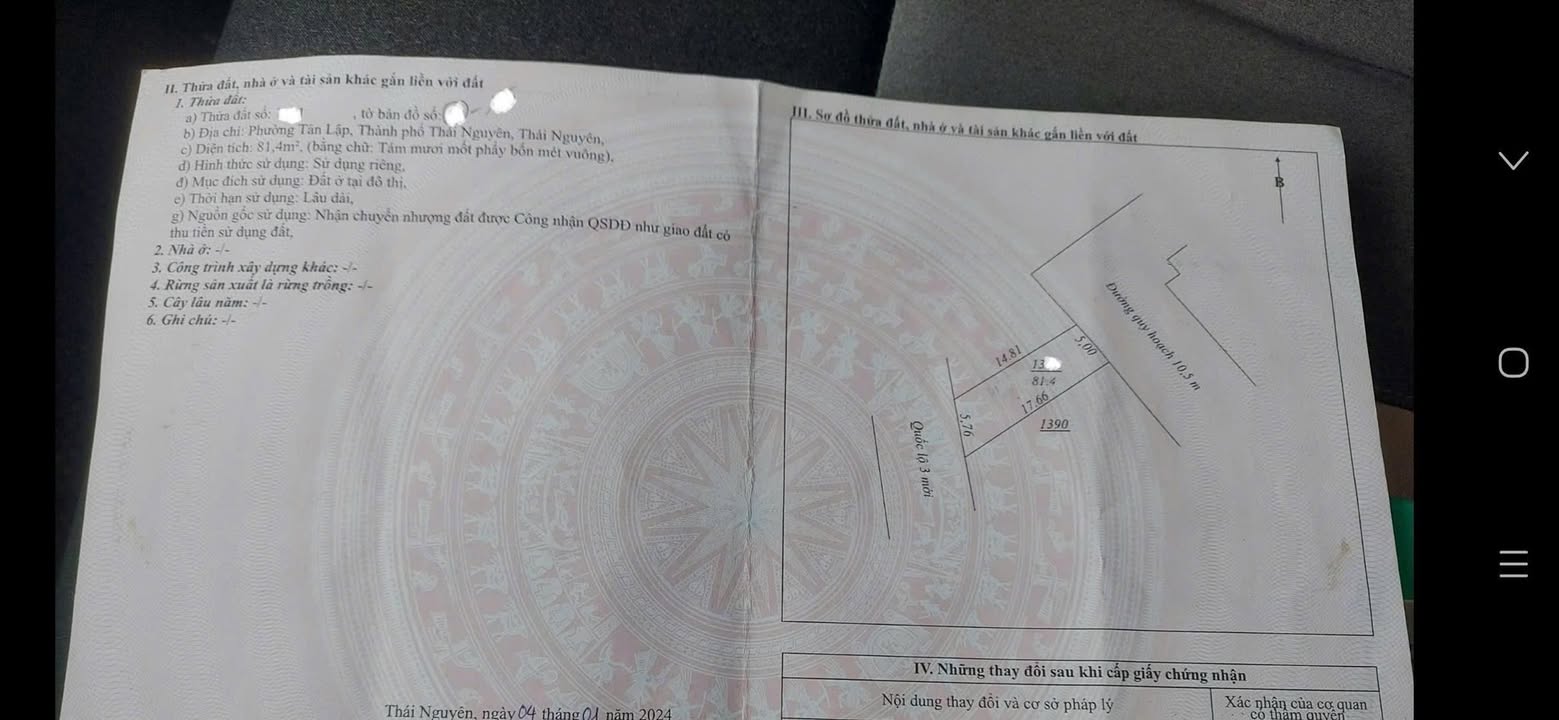 Đất nền Tân Lập TP Thái Nguyên 81m² 1.3 tỷ - Sổ đỏ chính chủ