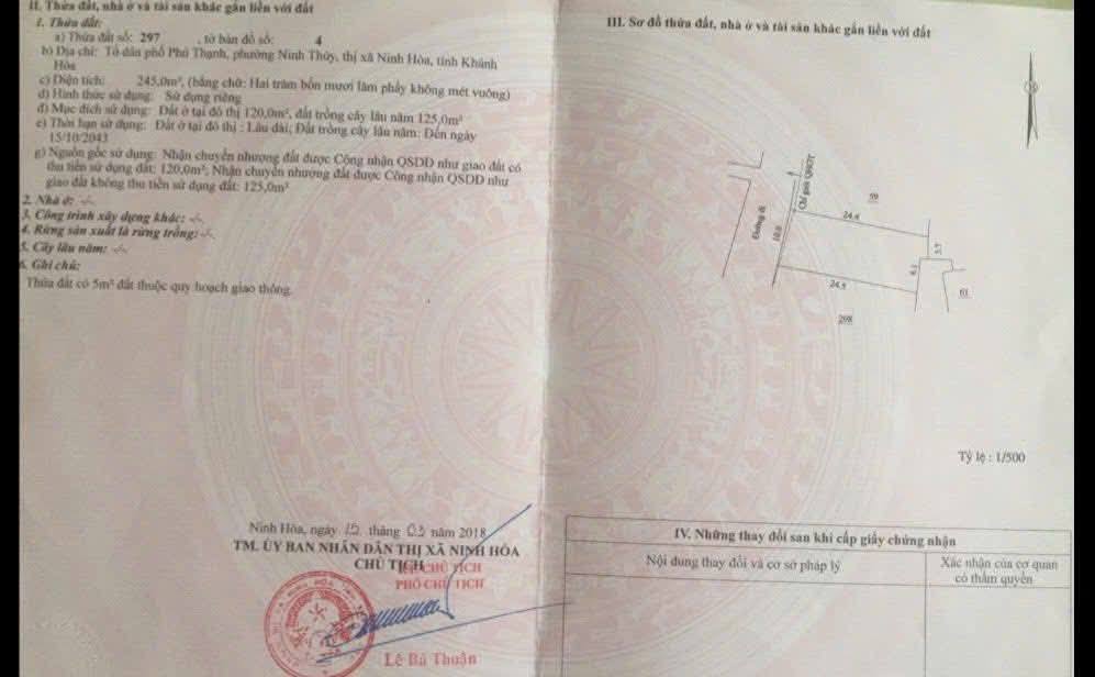 Bán đất TDP Phú Thạnh, Ninh Hòa 245m² - Sổ hồng, giá 3.9 tỷ