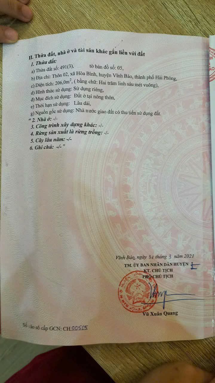 Đất nền Vĩnh Bảo 206m² - Sổ đỏ chính chủ, giá thỏa thuận