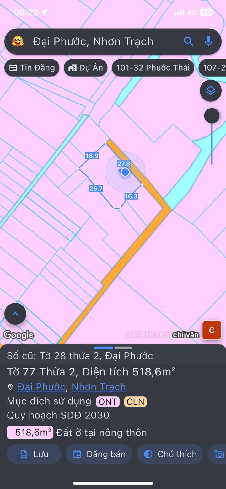 Đất nền Đại Phước - 518m² mặt tiền rộng, 318m² thổ cư - Giá 8.03 tỷ