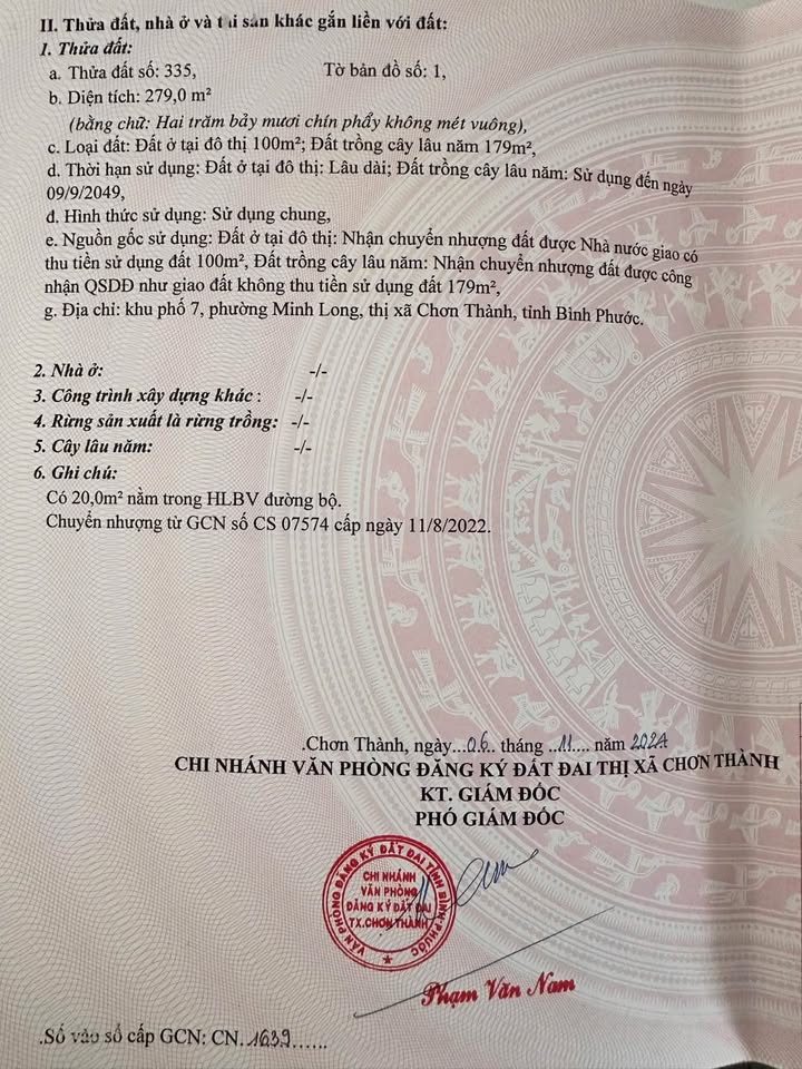 Bán Đất Minh Long Chơn Thành 250m² - Sổ Hồng Thổ Cư 100m²