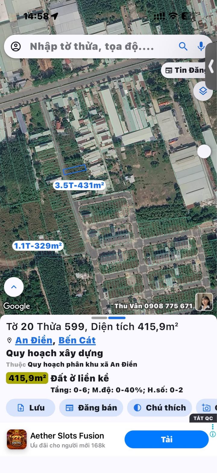 Đất thổ cư 420m² đường An Điền 133, Bến Cát - Giá 3.x Tỷ