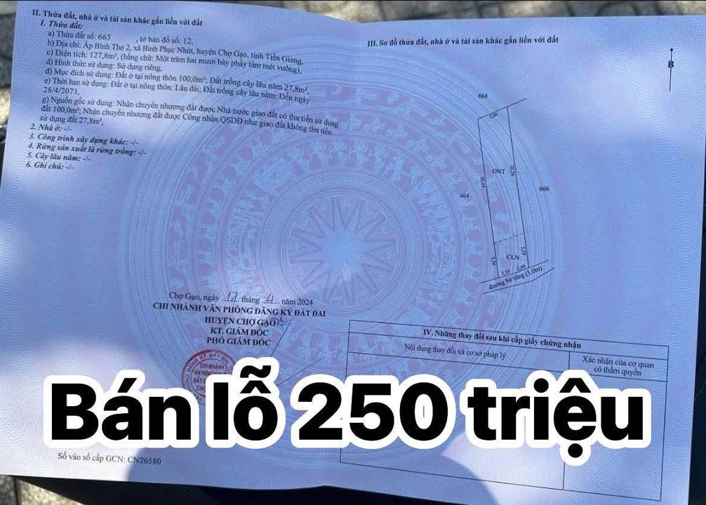 Bán Đất Thổ Cư Chợ Gạo 130m² - Hướng Bắc, Giá Chỉ 250 Triệu