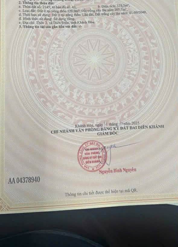 Đất nền Diên Điền 326m² giá 870 triệu - Sổ đỏ chính chủ!