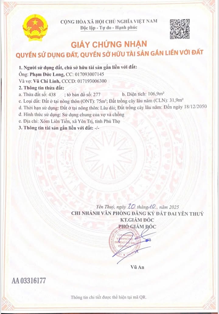 Đất nền Xã Ngọc Lương Yên Thủy 106.9m² - Sổ đỏ chính chủ