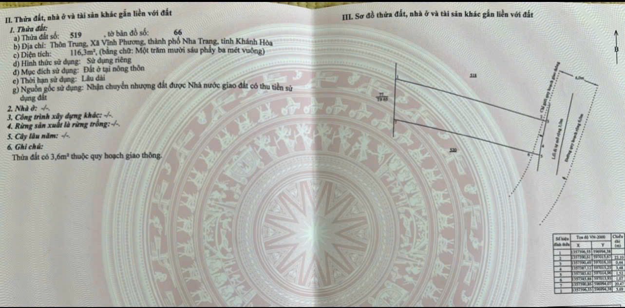 Đất nền Vĩnh Phương Nha Trang 116m² - Sổ đỏ chính chủ, tiềm năng tăng giá!