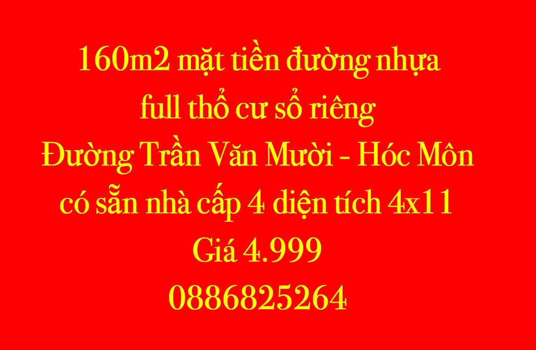 Mặt Tiền Trần Văn Mười Hóc Môn 160m² Sổ Hồng Full Thổ Cư - Giá 4.99 Tỷ
