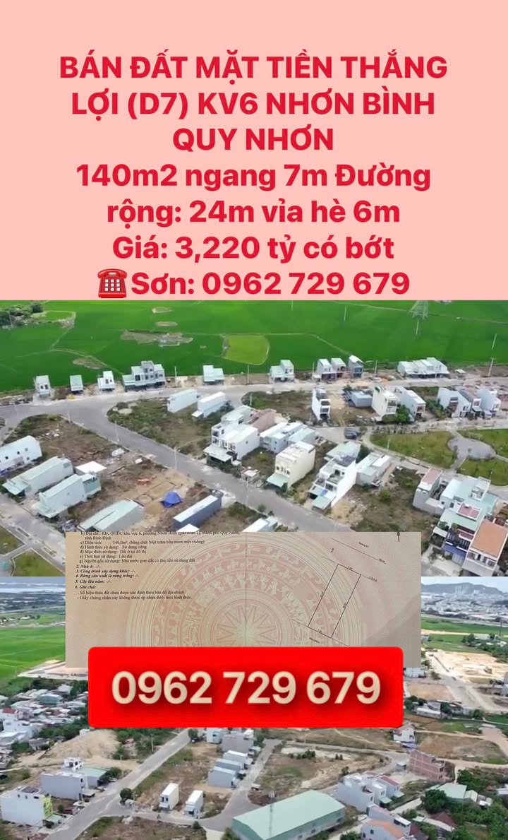 Bán Đất Mặt Tiền Thắng Lợi, Quy Nhơn 140m² - Giá Đầu Tư 3.22 Tỷ