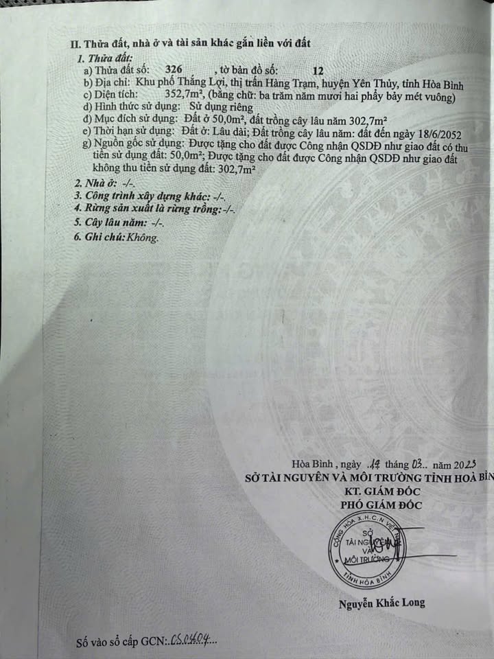 Bán đất tặng nhà 352.7m² Hàng Trạm, Yên Thủy - Sổ đỏ, mặt tiền rộng