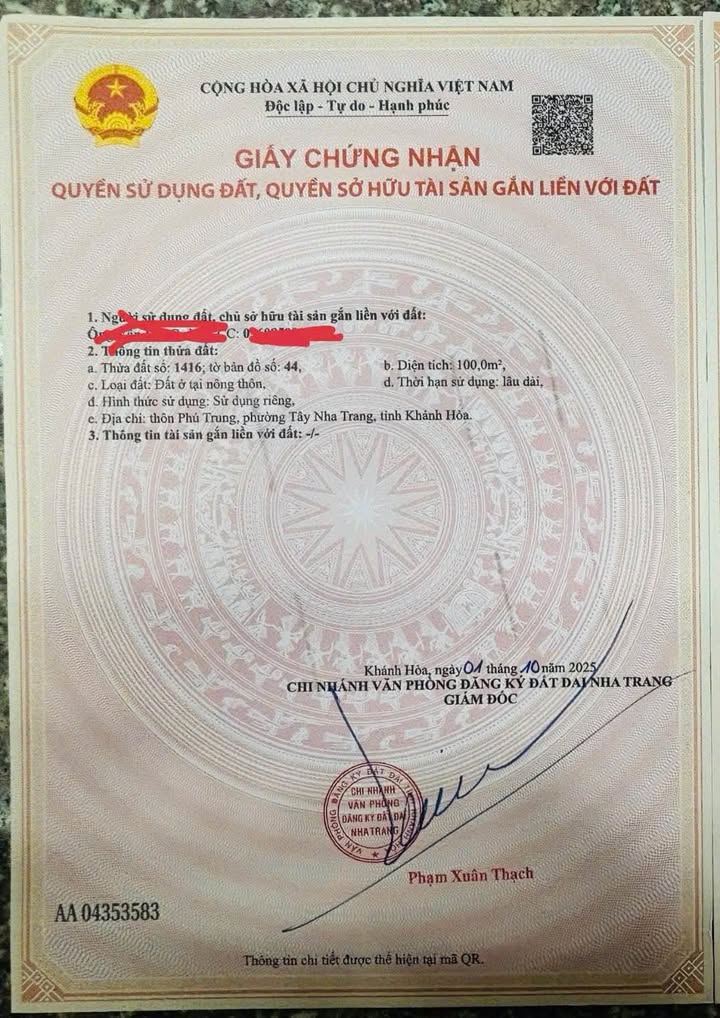 Đất nền Vĩnh Thạnh Nha Trang 100m² giá 2.65 tỷ - Sổ đỏ chính chủ