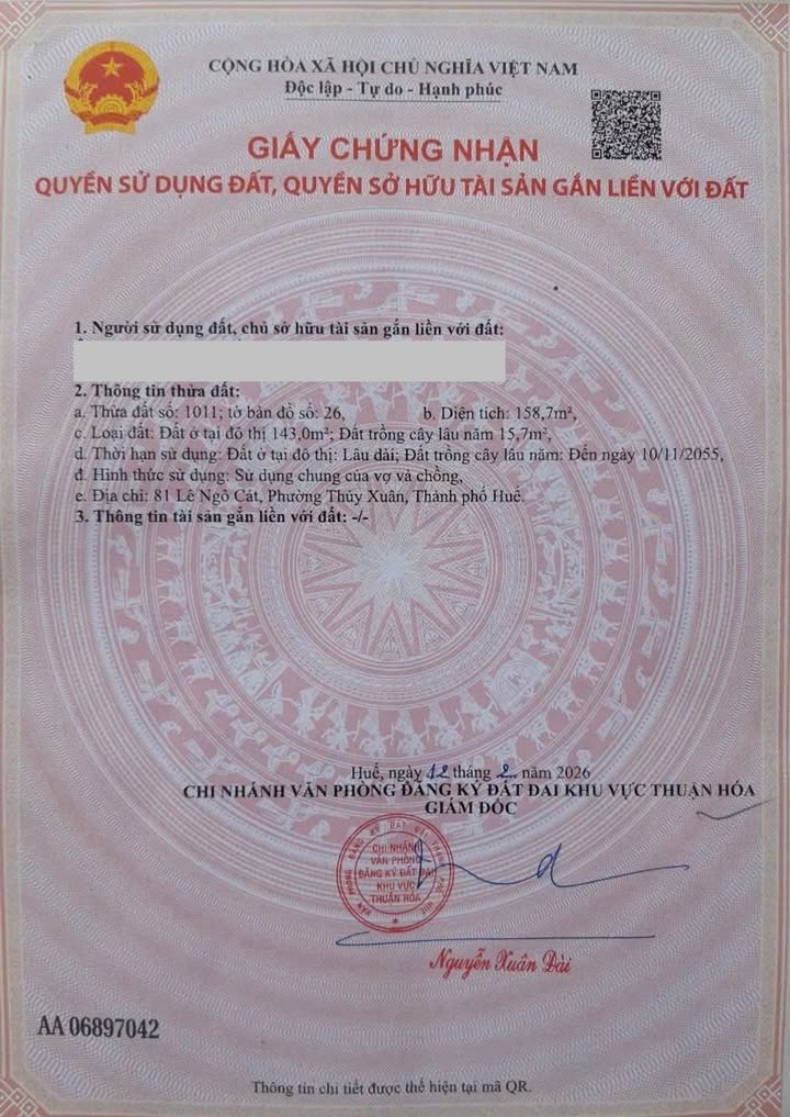 Đất nền mặt tiền Lê Ngô Cát, Huế 158.7m² - Nở hậu, giá 5.5 tỷ