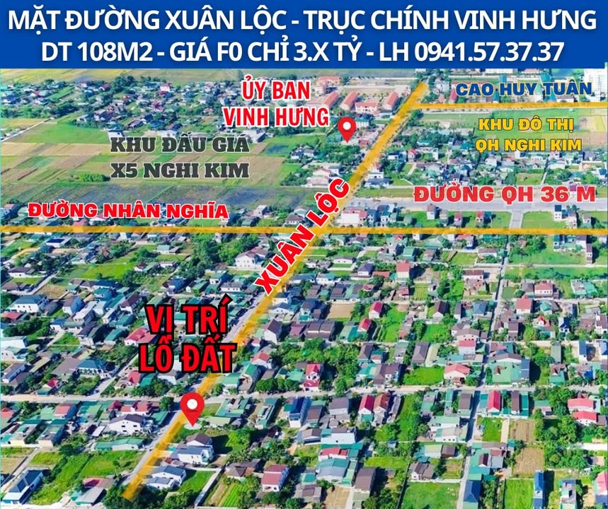 Đất nền F0 Mặt tiền Xuân Lộc, Vinh 108m² - Kinh doanh tốt, giá chỉ 3.x Tỷ