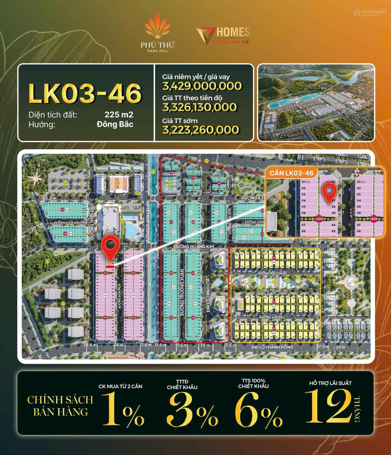 Đất nền Phú Thứ Park Hill 225m² - Mặt tiền 9m, giá 3.22 tỷ