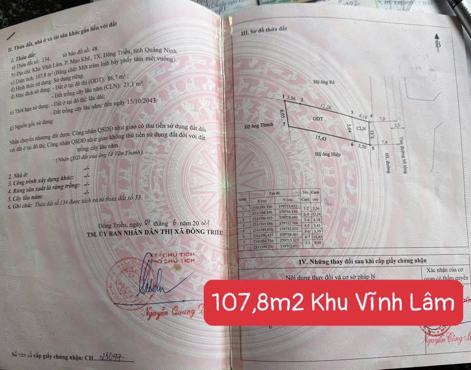 Đất Vĩnh Lâm - Mạo Khê 107.8m² Hướng Đông Giá Chỉ 7xx Triệu