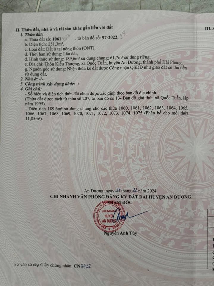 Đất nền An Lão 61.7m² giá 1.05 tỷ - Tiềm năng tăng giá vượt trội!