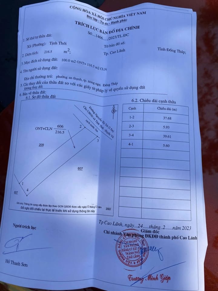 Đất nền Xã Tịnh Thới, TP. Cao Lãnh 216.5m² – Sổ đỏ chính chủ, xây dựng tự do!