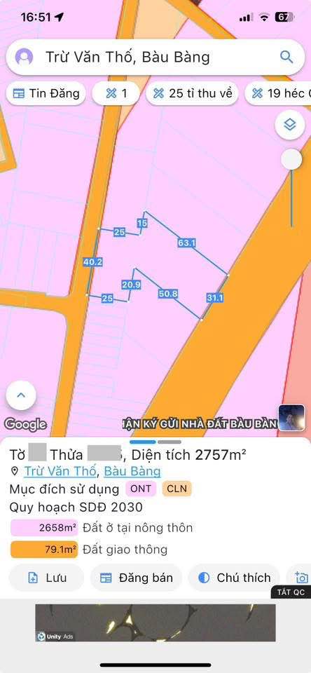 Đất nền Dĩ An 2757m² - 2 mặt tiền đường nhựa, giá 7 tỷ