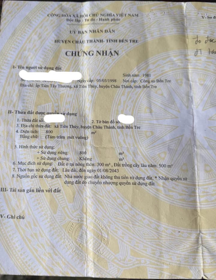 Bán đất tặng nhà cấp 4 kiên cố 800m² tại Bến Tre - Giá 450 triệu