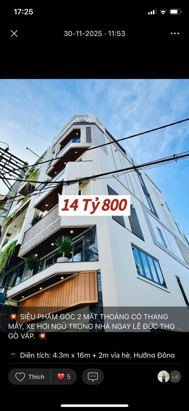 Nhà Lê Đức Thọ Gò Vấp 286m² - Hẻm 10m, có thang máy, sổ hồng sẵn