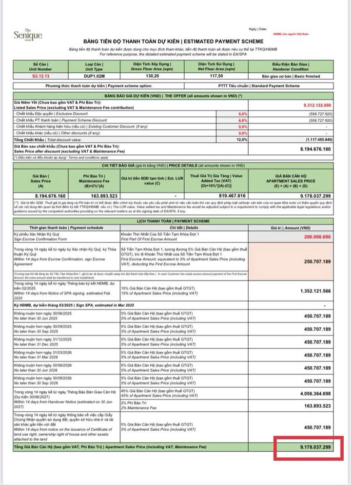 Apartment The Senique Gia Lam 130m2 9.178 tỷ - Bàn giao ngay