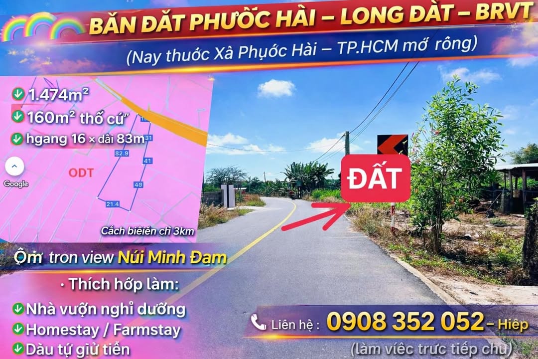 Đất Vườn Phước Hải 1474m² Sổ Đỏ - View Núi Minh Đạm, Gần Biển