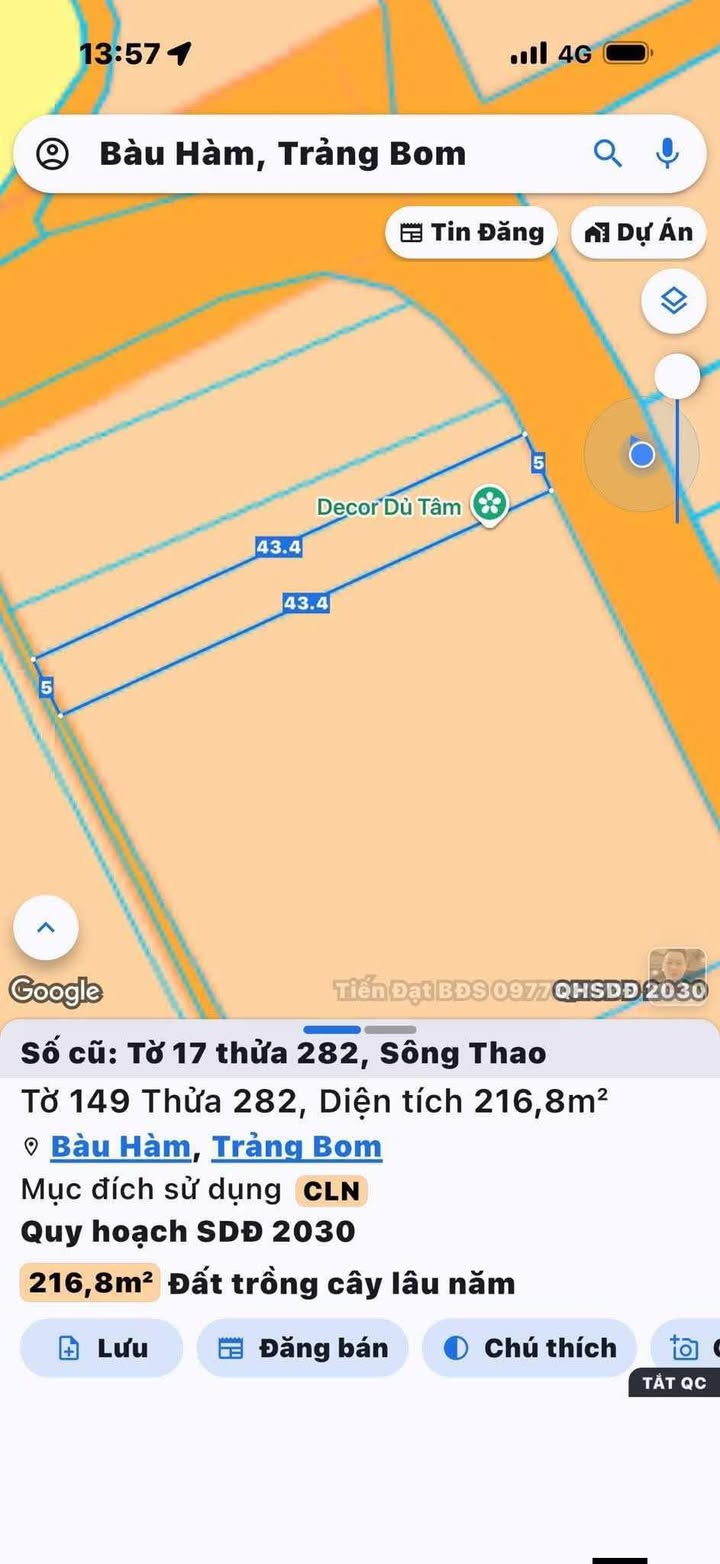 Đất nền Bàu Hàm Trảng Bom 216m² - Sổ đỏ chính chủ, giá 586 triệu