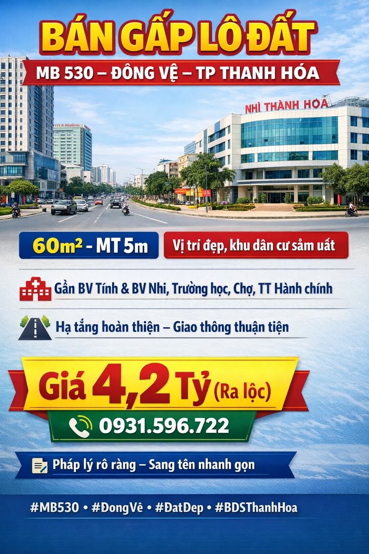 Bán Gấp Đất MB 530, Đông Vệ, Thanh Hóa 60m² - Giá 4.2 Tỷ