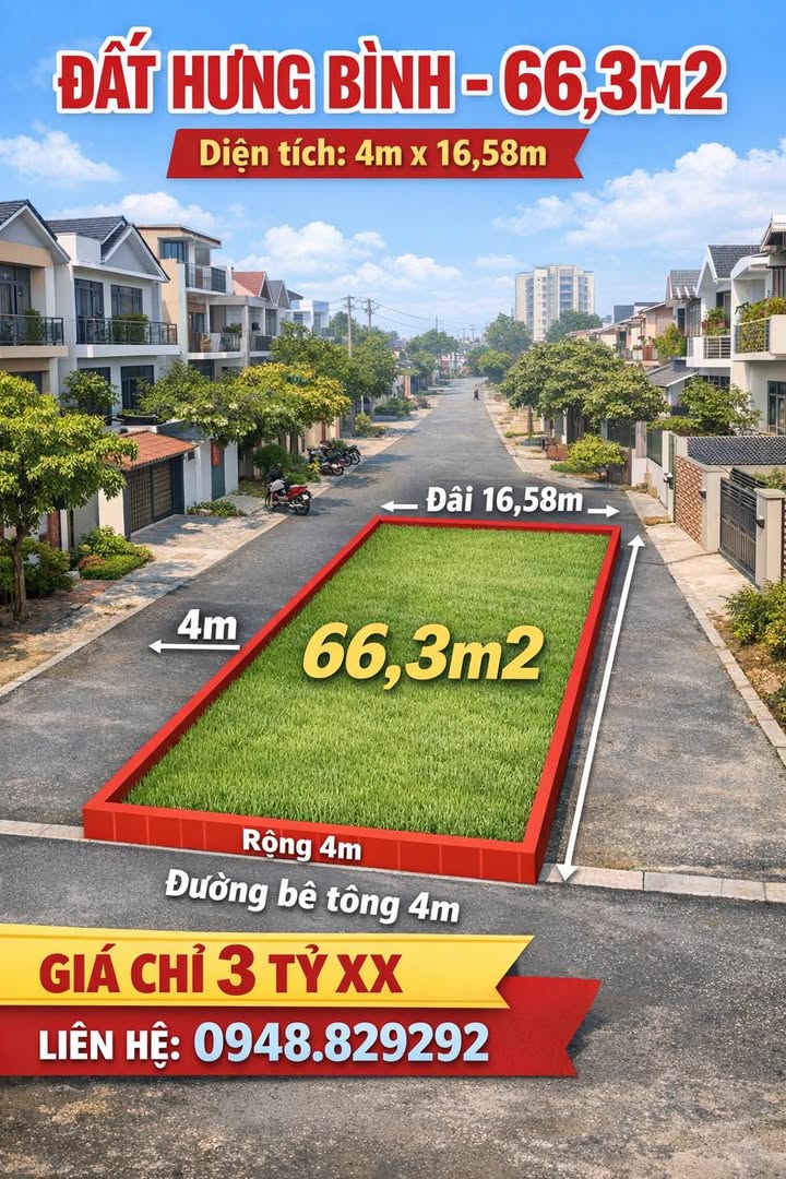 Bán đất Hưng Bình, Vinh: 66.3m² lối 2 Kim Đồng, giá 3 tỷ