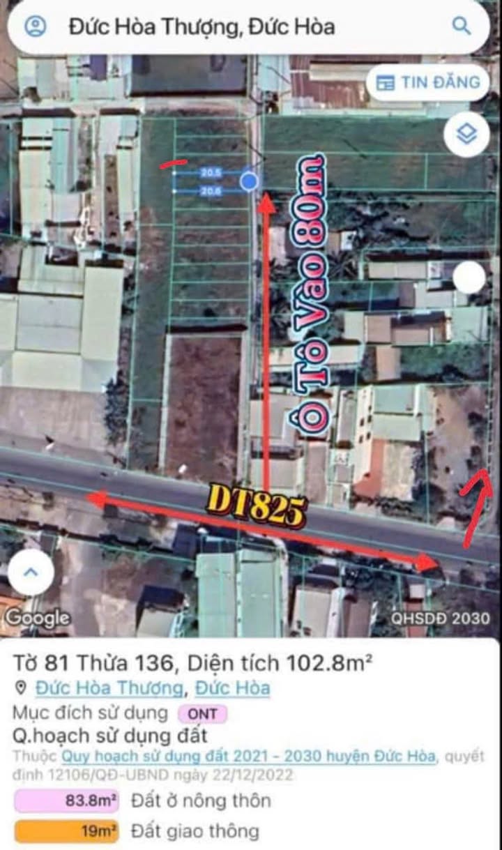 Đất nền 102m² Tỉnh Lộ 825 Đức Hòa - Sổ đỏ chính chủ, 1.35 tỷ