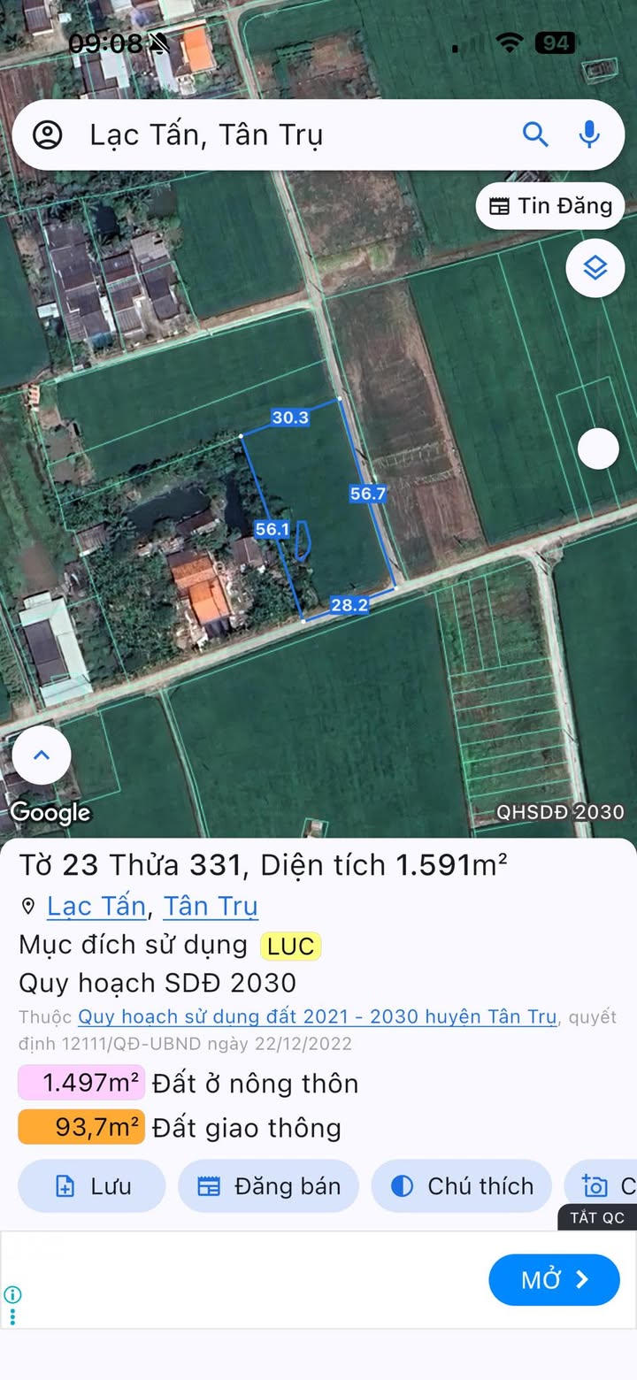 Đất nền Lạc Tấn, Tân Trụ 1600m² giá 1.85 tỷ - Tiềm năng tăng giá vượt trội!