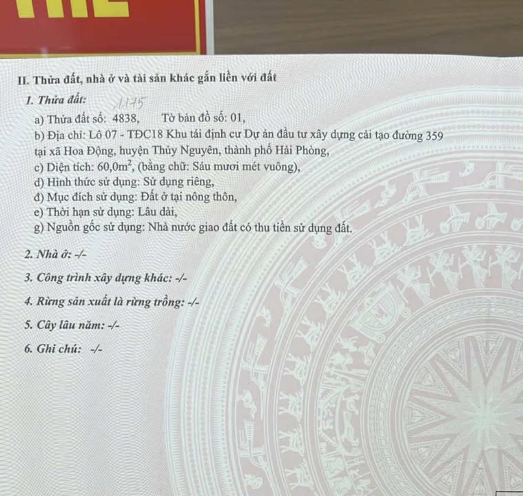 Đất Nền Tái Định Cư Hoa Động, Thủy Nguyên 60m² - Trung Tâm Vượng Khí, Sổ Sẵn Sàng