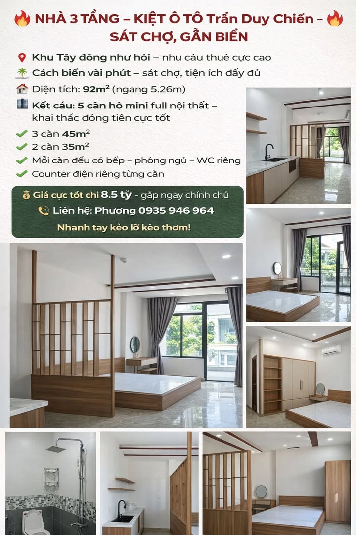 Nhà 3 Tầng Kiệt Ô Tô Trần Duy Chiến, Sơn Trà - 92m², Dòng Tiền 8.5 Tỷ