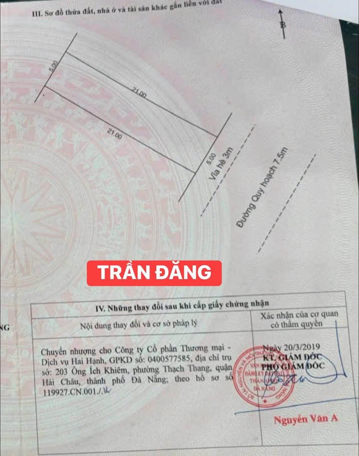 Đất nền mặt tiền Trần Đăng Đà Nẵng 105m² - Sổ đỏ chính chủ, giá tốt