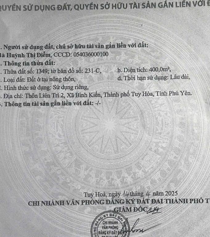 Đất nền Bình Kiến Tuy Hòa 400m² giá 4 tỷ - Sổ đỏ chính chủ!