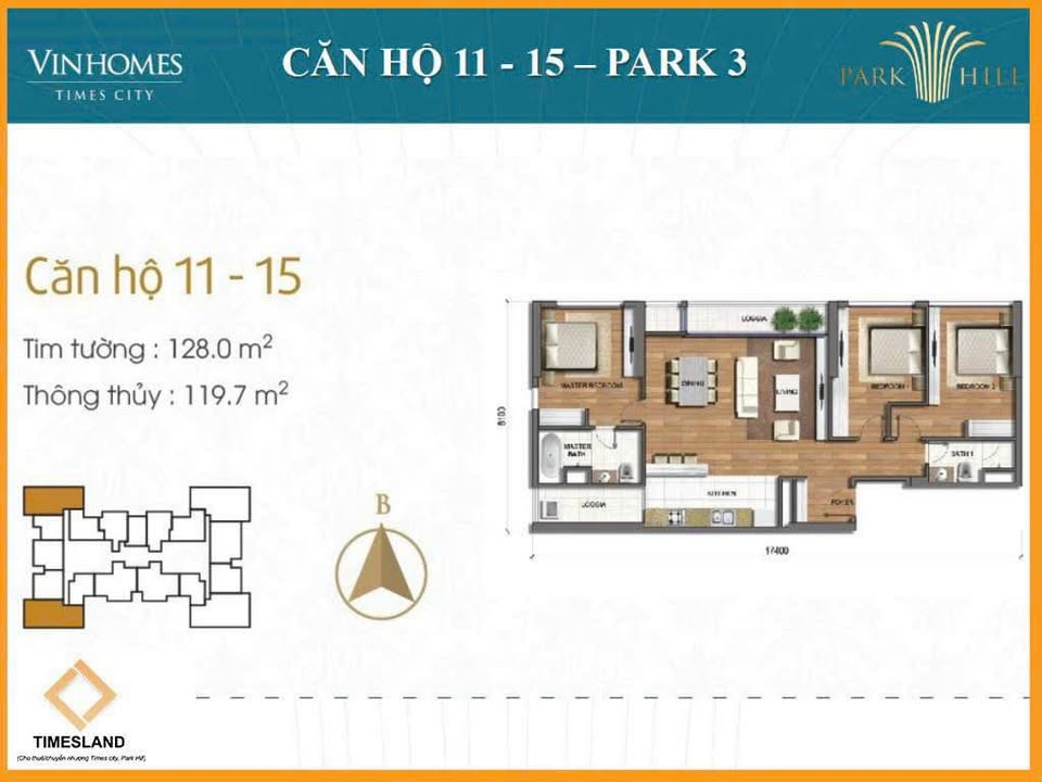 Chung cư Times City 128m² - 3PN, View 2 mặt, Ban công Nam