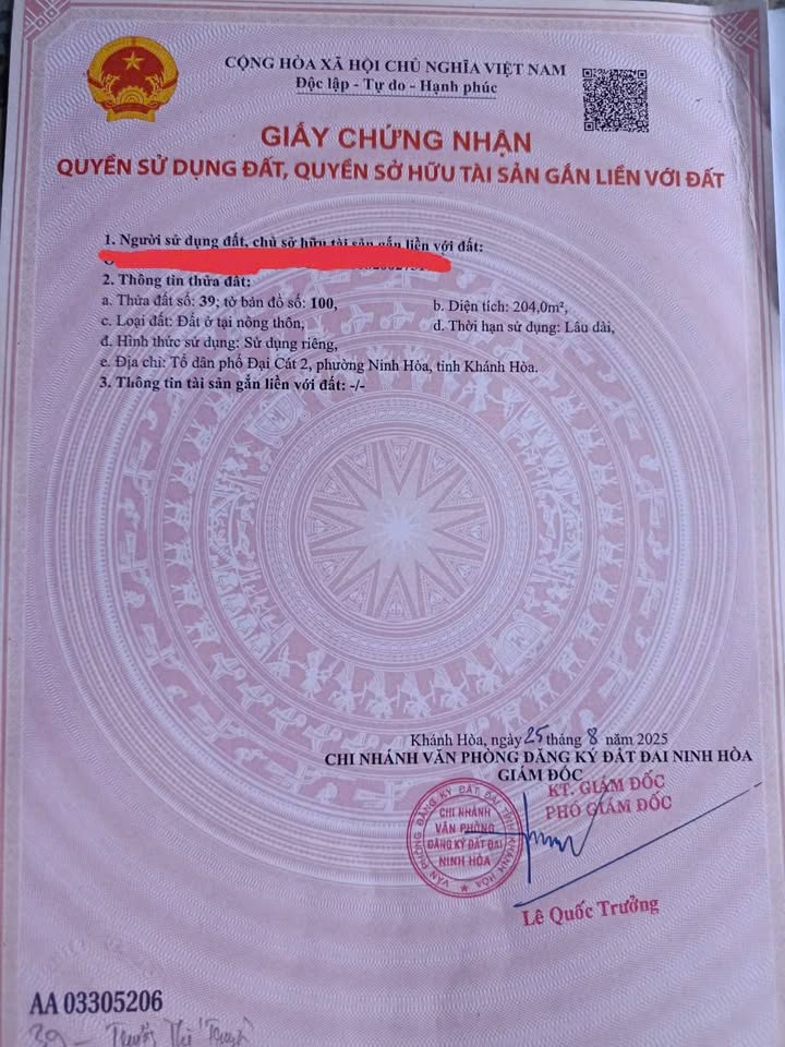 Đất nền 204m² Phường Ninh Hiệp, Ninh Hòa - Sổ đỏ chính chủ, giá 680 triệu