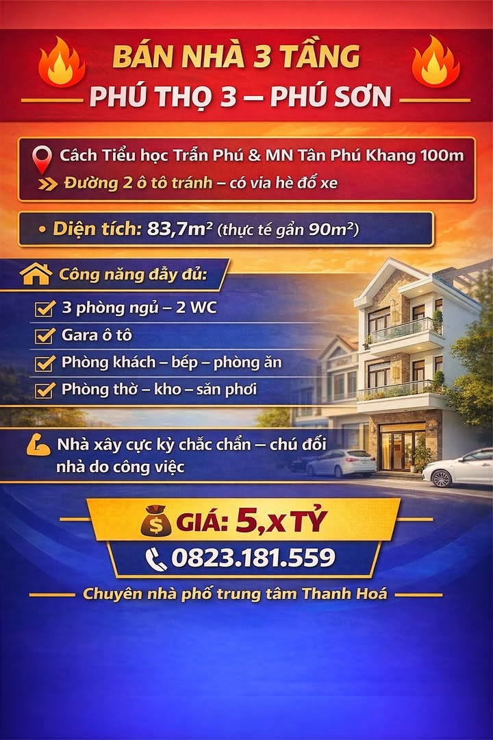 Nhà 3 Tầng 83.7m² Phú Thọ 3, Thanh Hóa - Ô Tô Tránh, Kinh Doanh Tốt