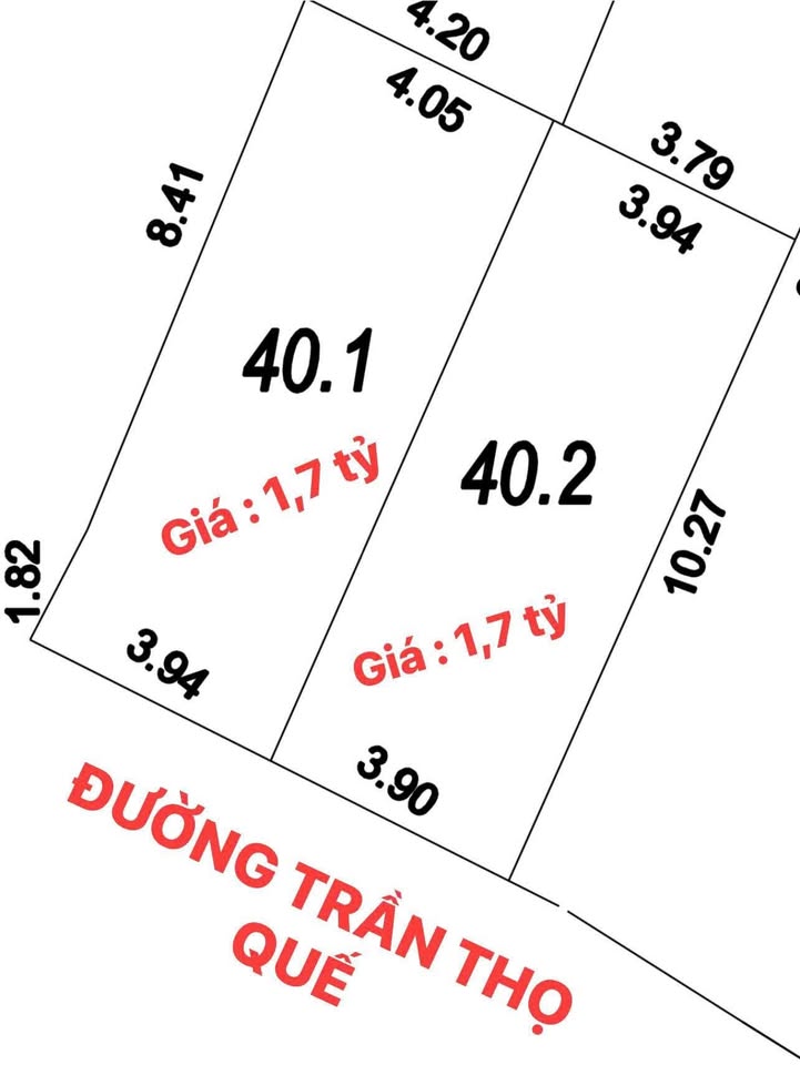 Bán gấp 2 lô đất mặt tiền Trần Thọ Quế, Nam Định - 40.1m² - 1.7 tỷ