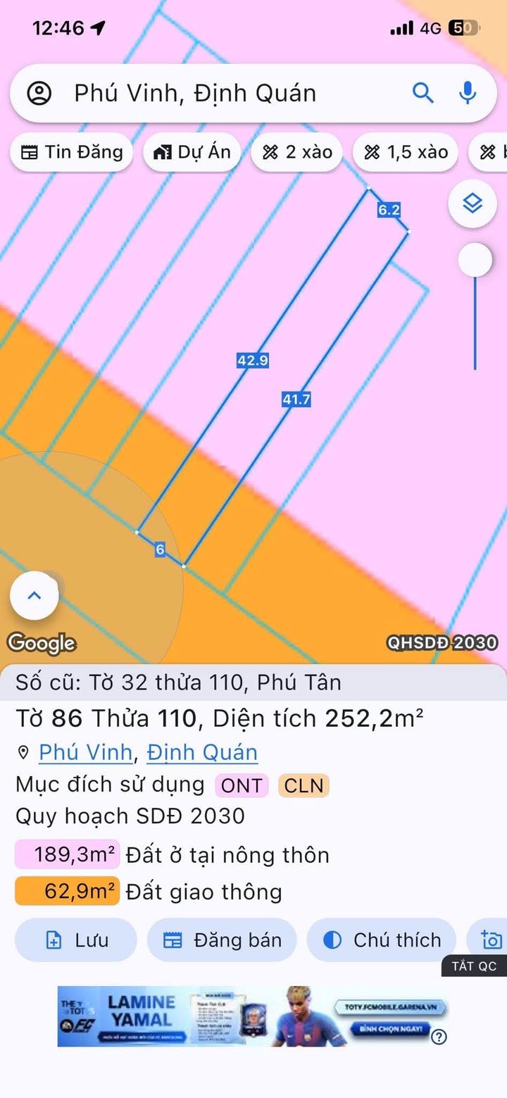 Đất Nền Mặt Tiền Hương Lộ 120 Định Quán - 2520m² Sổ Riêng - Giá 950 Triệu