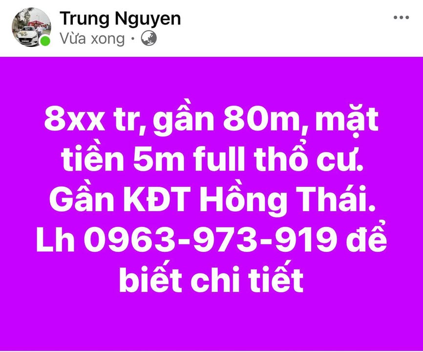 Đất nền 80m² full thổ cư, mặt tiền 5m tại KĐT Hồng Thái, Thái Nguyên - Giá 800 triệu