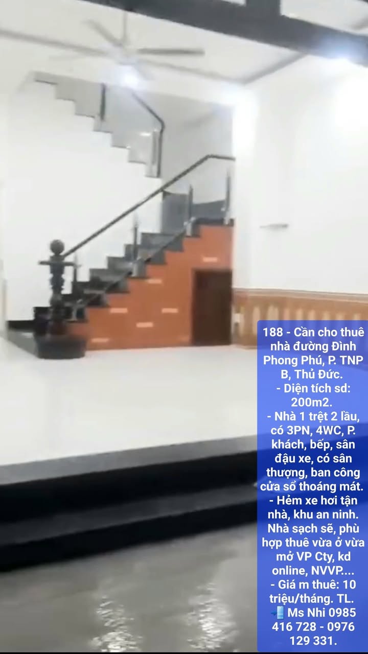 Cho thuê nhà 200m² hẻm xe hơi Đường Đình Phong Phú, TP. Thủ Đức - Giá 10 triệu