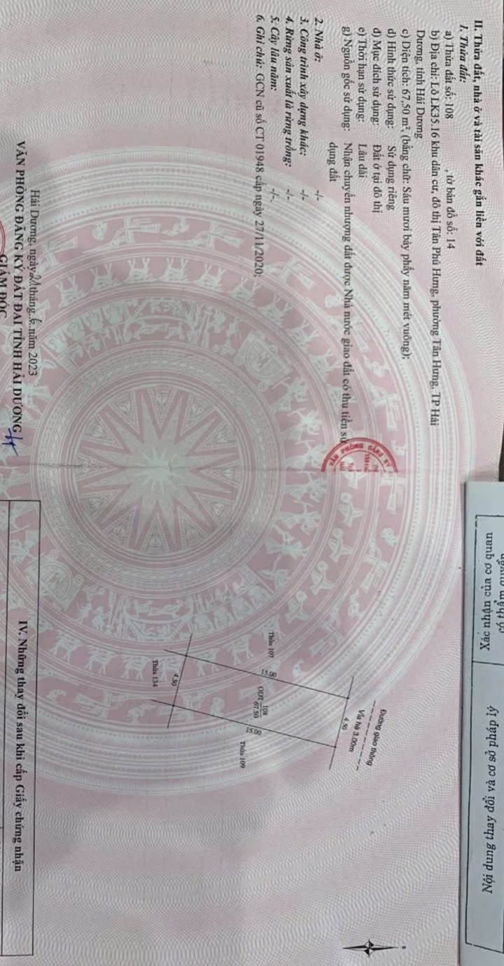 Đất nền KĐT Tân Phú Hưng Hải Dương 68m² giá 3 tỷ - Sổ đỏ chính chủ