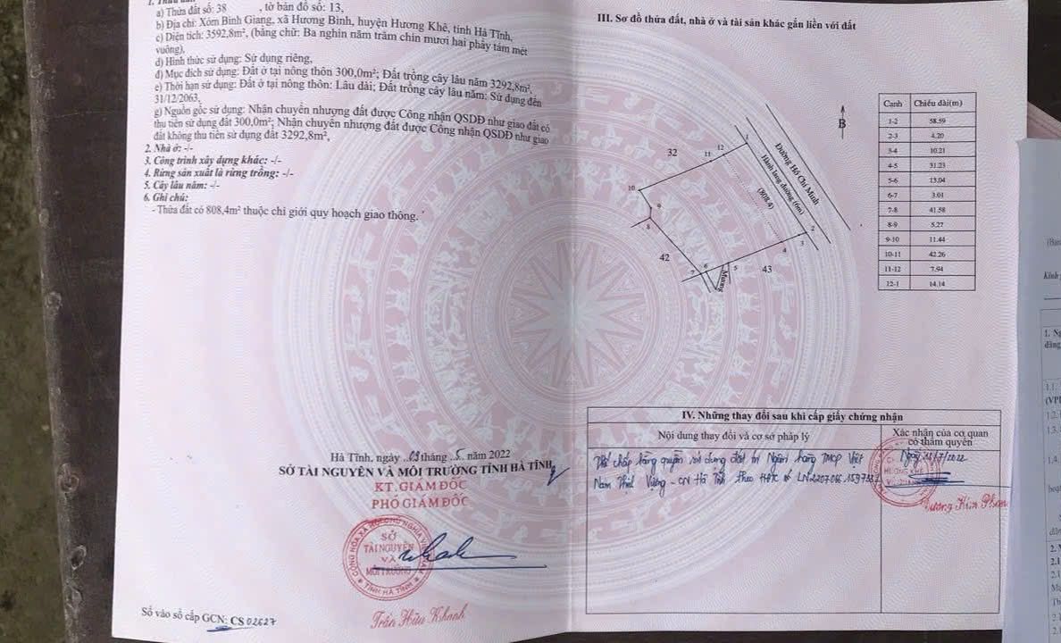 Bán Đất Mặt Tiền Hồ Chí Minh 3654m² - Hương Khê, Hà Tĩnh - Sẵn Sổ Đỏ