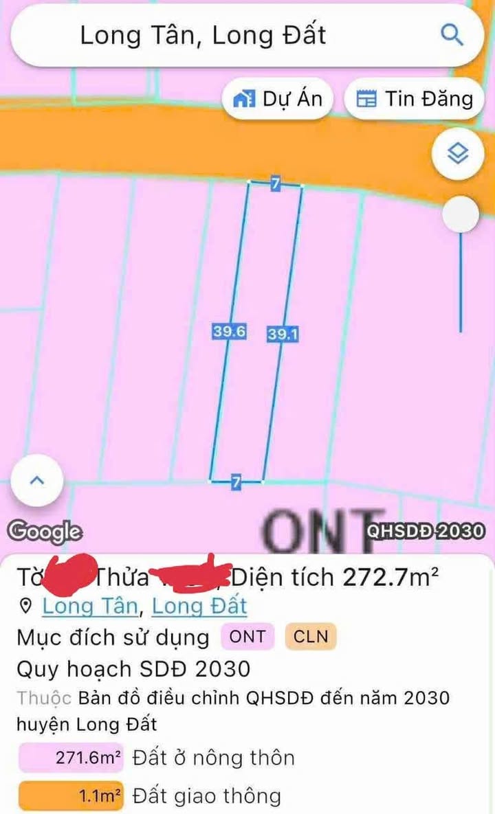 Đất nền Long Tân, Bà Rịa - Vũng Tàu - Mặt tiền đường lớn, 273m², 1.6 tỷ