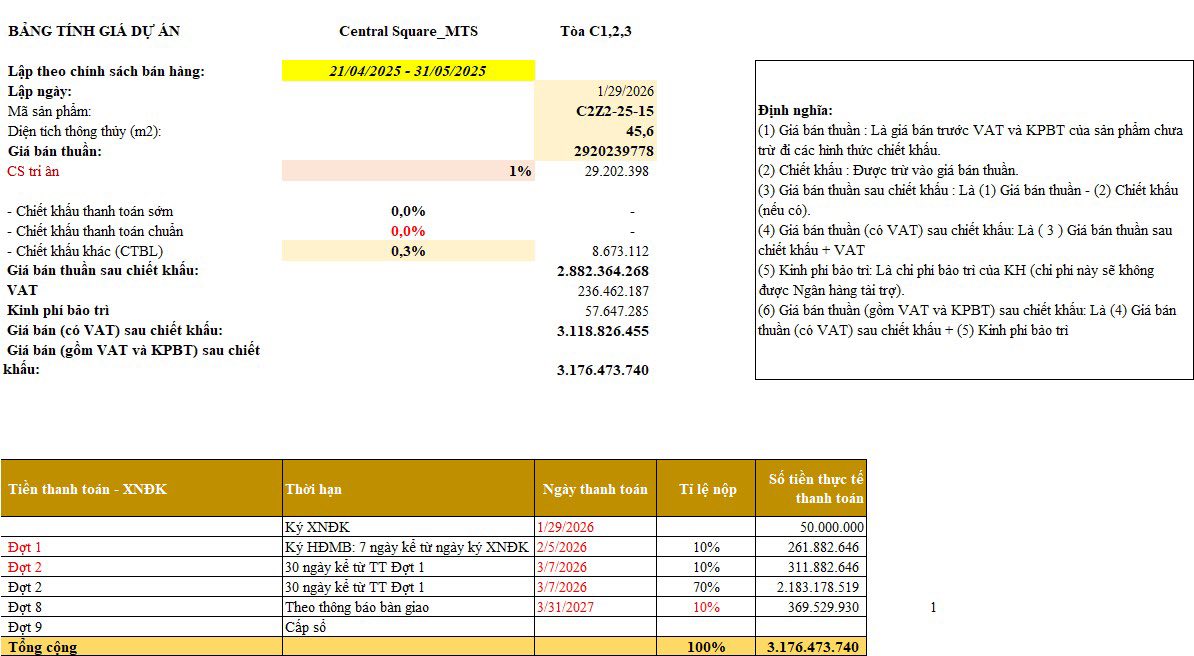 Căn hộ 1PN Masteri Trinity Square 45.6m² - View Công Viên, Lãi Suất 0% Đến T6/2027